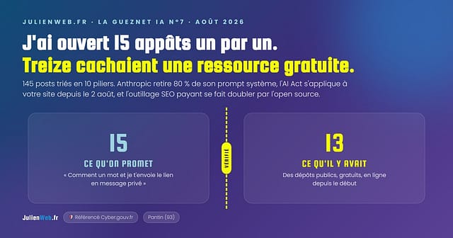 La Gueznet IA — Veille IA n°7 août 2026 — 15 appâts Instagram ouverts un par un, 13 cachaient une ressource publique et gratuite — Anthropic retire 80 % de son prompt système, AI Act, OpenSEO