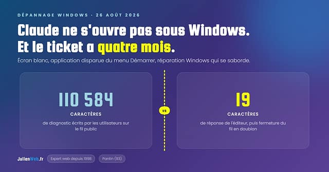 Carte de partage : 110 584 caractères de diagnostic écrits par les utilisateurs, 19 caractères de réponse de l'éditeur sur le bug Claude Desktop Windows