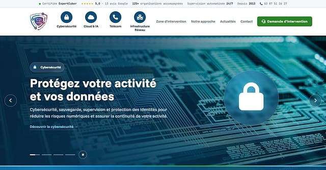 Page d'accueil du nouveau site C2i info sur ordinateur : bandeau de réassurance, menu à quatre pictos, slider Cybersécurité