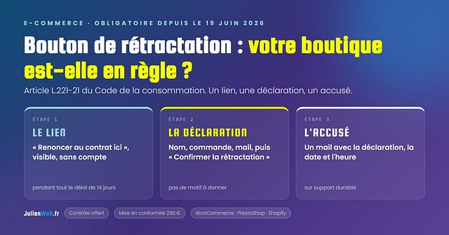 Bouton de rétractation obligatoire depuis le 19 juin 2026 : le lien, la déclaration, l’accusé. JulienWeb.fr