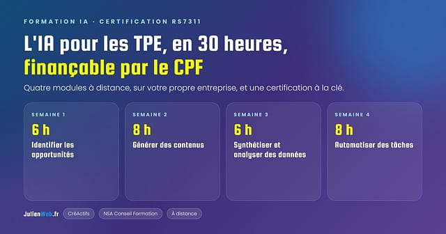 Formation IA finançable par le CPF : 30 heures à distance pour les TPE, certification RS7311, avec CréActifs et NSA Conseil Formation. JulienWeb.fr