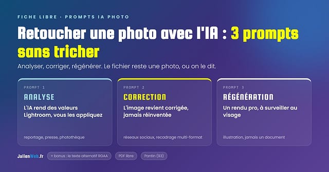 Trois prompts IA photo : analyse, correction, régénération. Fiche libre JulienWeb.fr