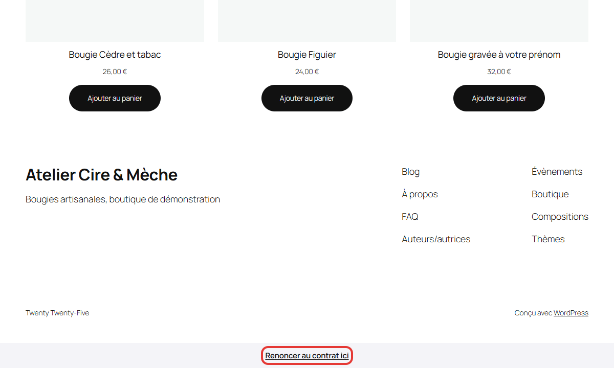 Pied de page d'une boutique WooCommerce avec le lien « Renoncer au contrat ici », entouré en rouge