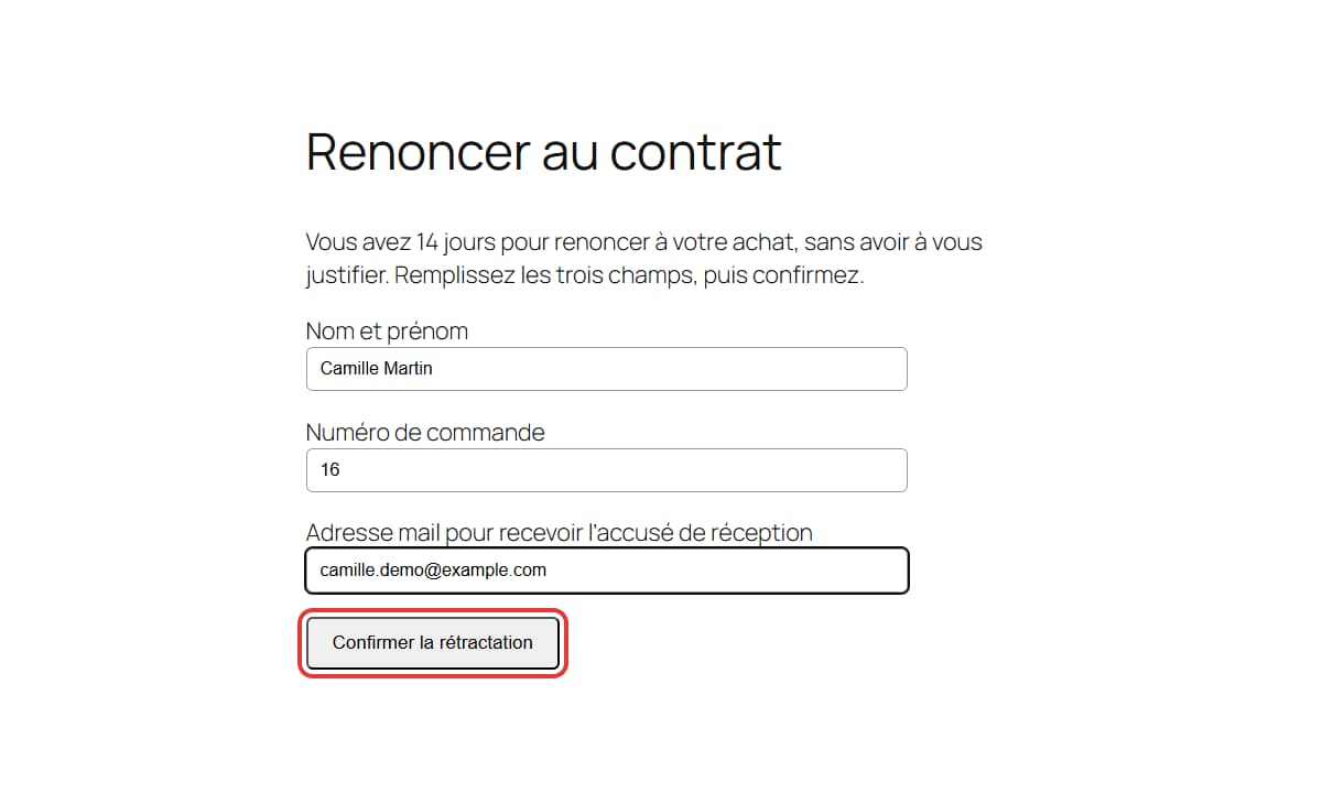 Formulaire de rétractation : nom, numéro de commande, adresse mail et bouton « Confirmer la rétractation »