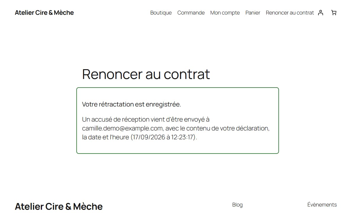 Message « Votre rétractation est enregistrée » avec la date et l'heure de la déclaration