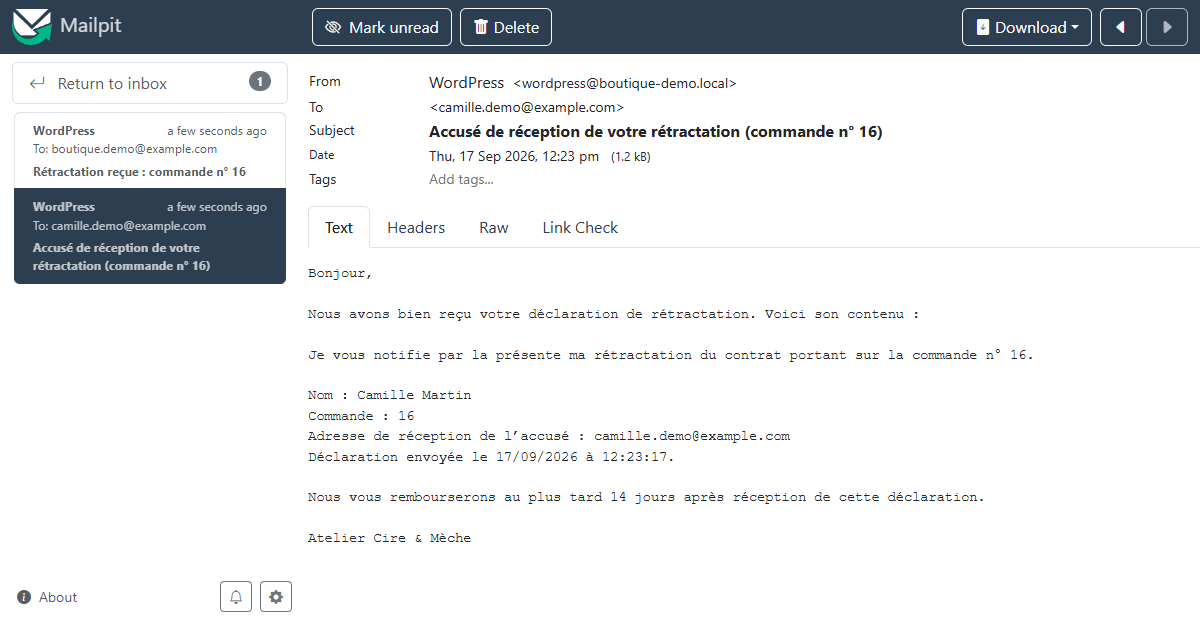 Mail d'accusé de réception : contenu de la déclaration, commande n° 16, envoyée le 17/09/2026 à 12:22:45
