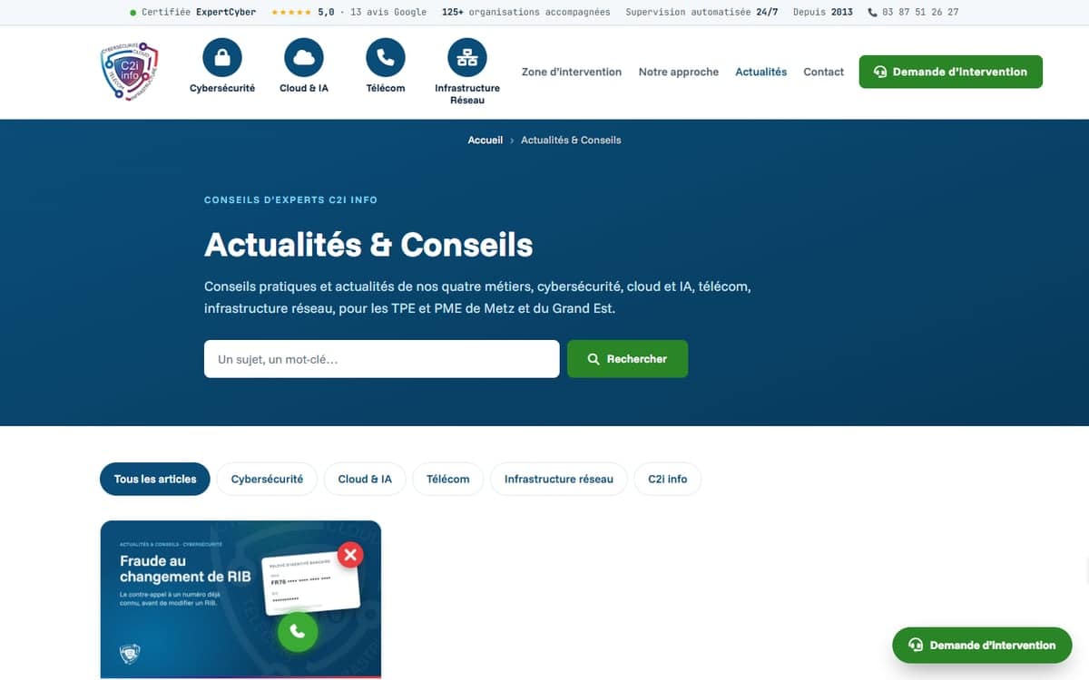 Rubrique Actualités et Conseils du site C2i info