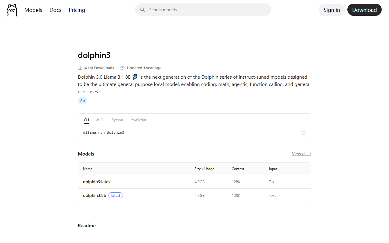 Fiche dolphin3 dans la bibliothèque Ollama : Dolphin 3.0 Llama 3.1 8B, 4,1 millions de téléchargements, 4,9 Go, contexte de 128 000 jetons