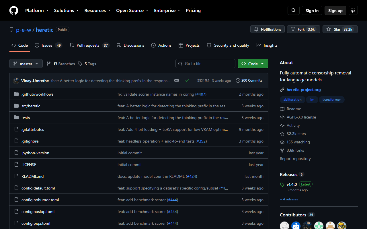 Dépôt GitHub de Heretic le 23 septembre 2026 : 32 200 étoiles, et parmi les fichiers de configuration, config.nohumor.toml et config.noslop.toml