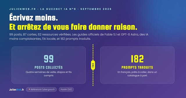 La Gueznet IA, veille IA n°8 septembre 2026 : 99 posts collectés, 182 prompts traduits, guides officiels de Fable 5.1 et GPT-6 Astra
