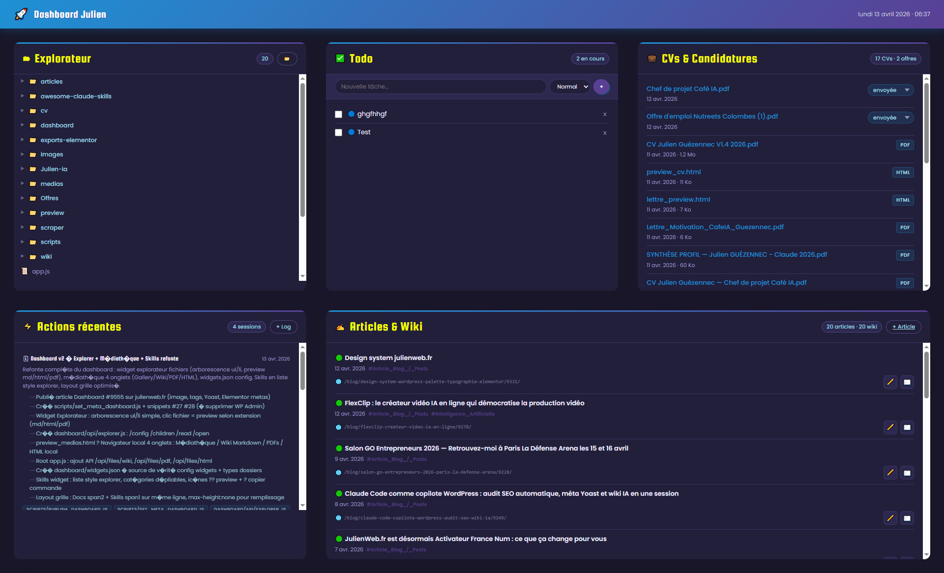 Dashboard local Claude Code — Node.js + SQLite en 1h | JulienWeb.fr